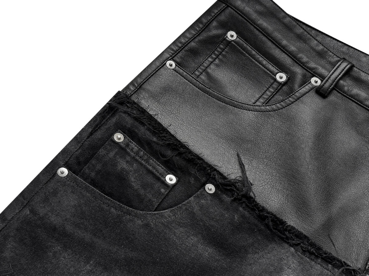 Cinder Vein Double-Waisted PU Panel Fitted Bone Seam Fermented Waxed Jeans