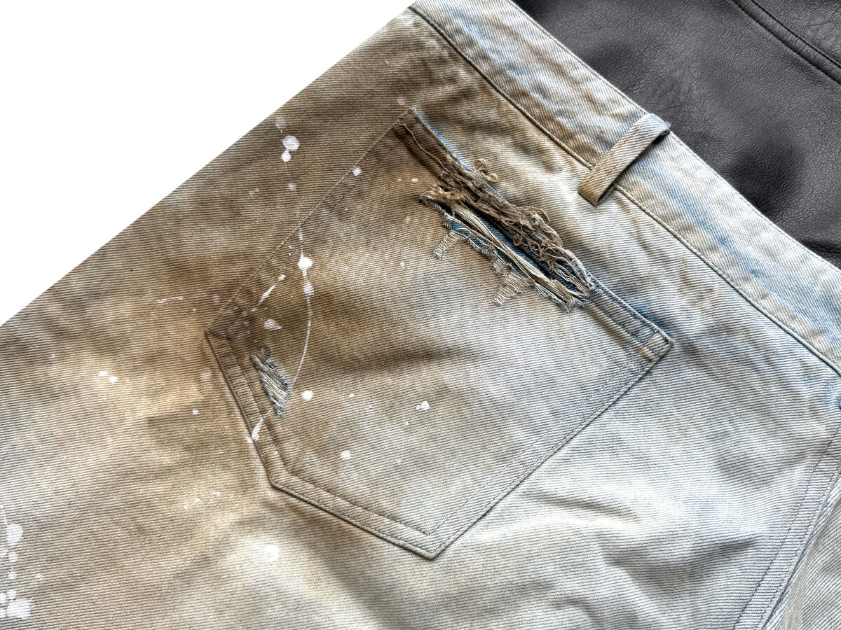 Cinder Vein PU Panel Jeans with Monkey-Style 3D Crinkled